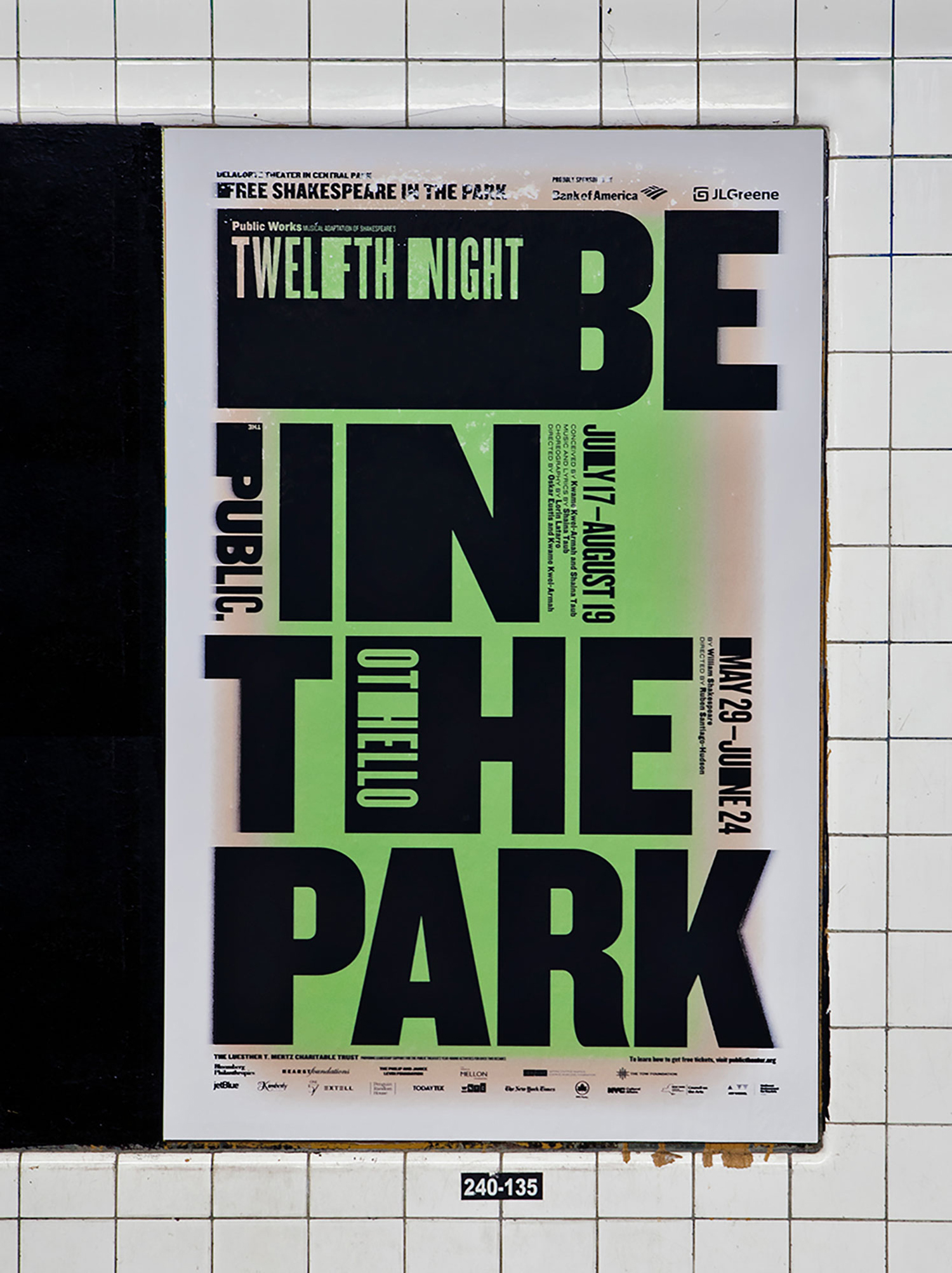 Posters, signage, website, t-shirts, tote bags and newspaper advertising by Pentagram's Paula Scher for The Public Theatre's Shakespeare in the Park 2018