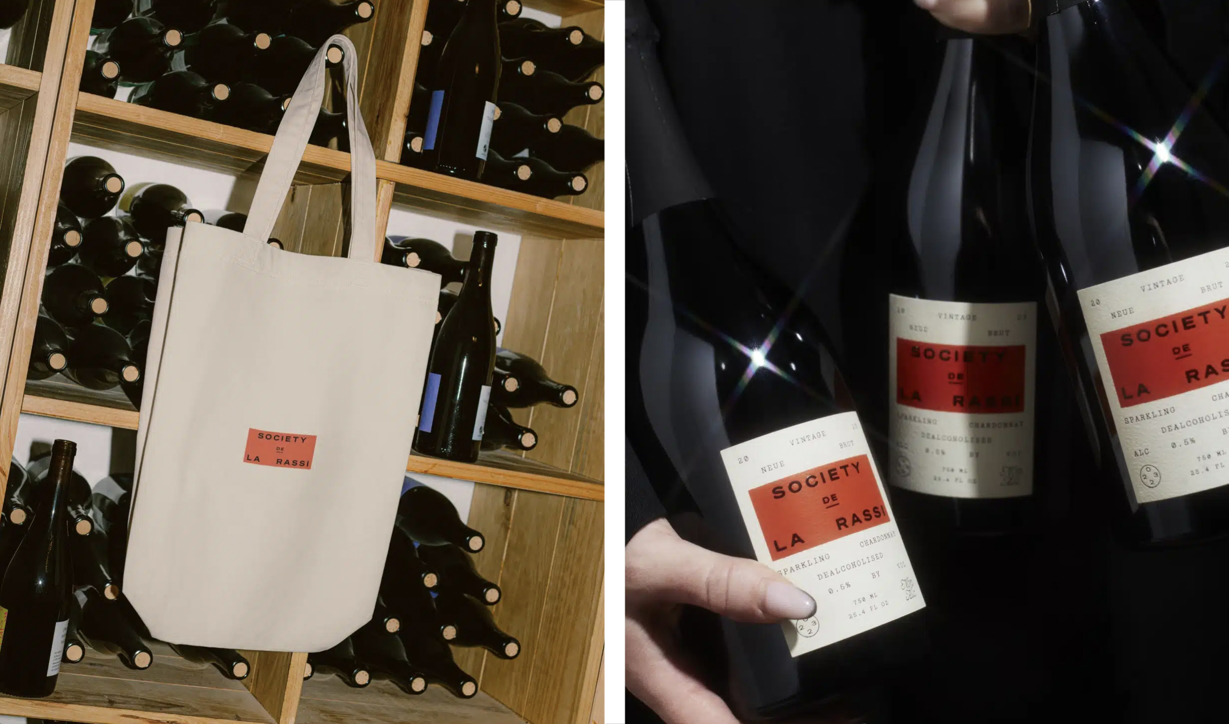 Logotype, art direction and packaging for alcohol-free champaign brand Society De La Rassi designed by Blurr Bureau