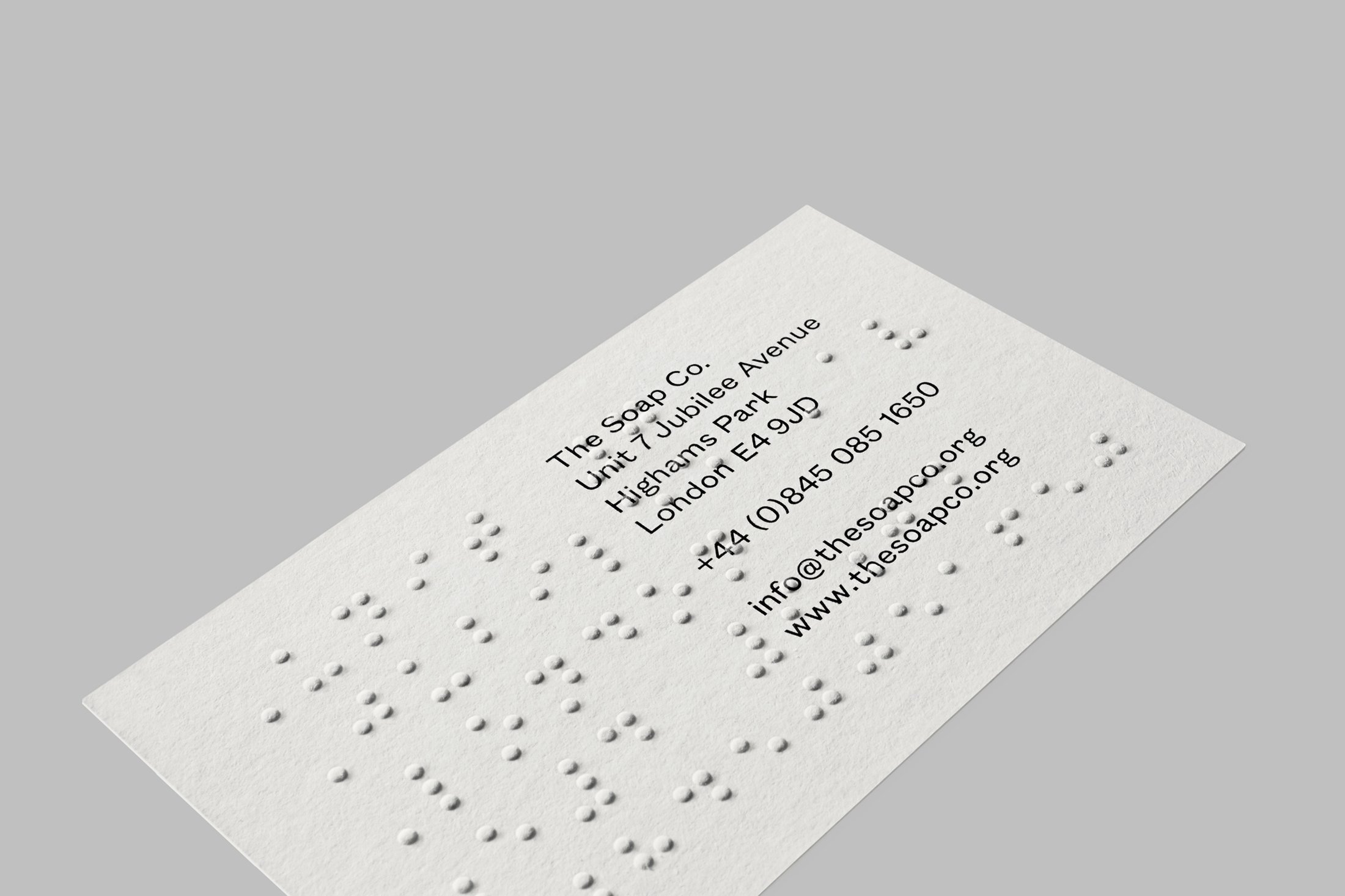 Brand identity design and braille business cards by UK based graphic design studio Paul Balford Ltd. for luxury hand made soap business the Soap Co. 