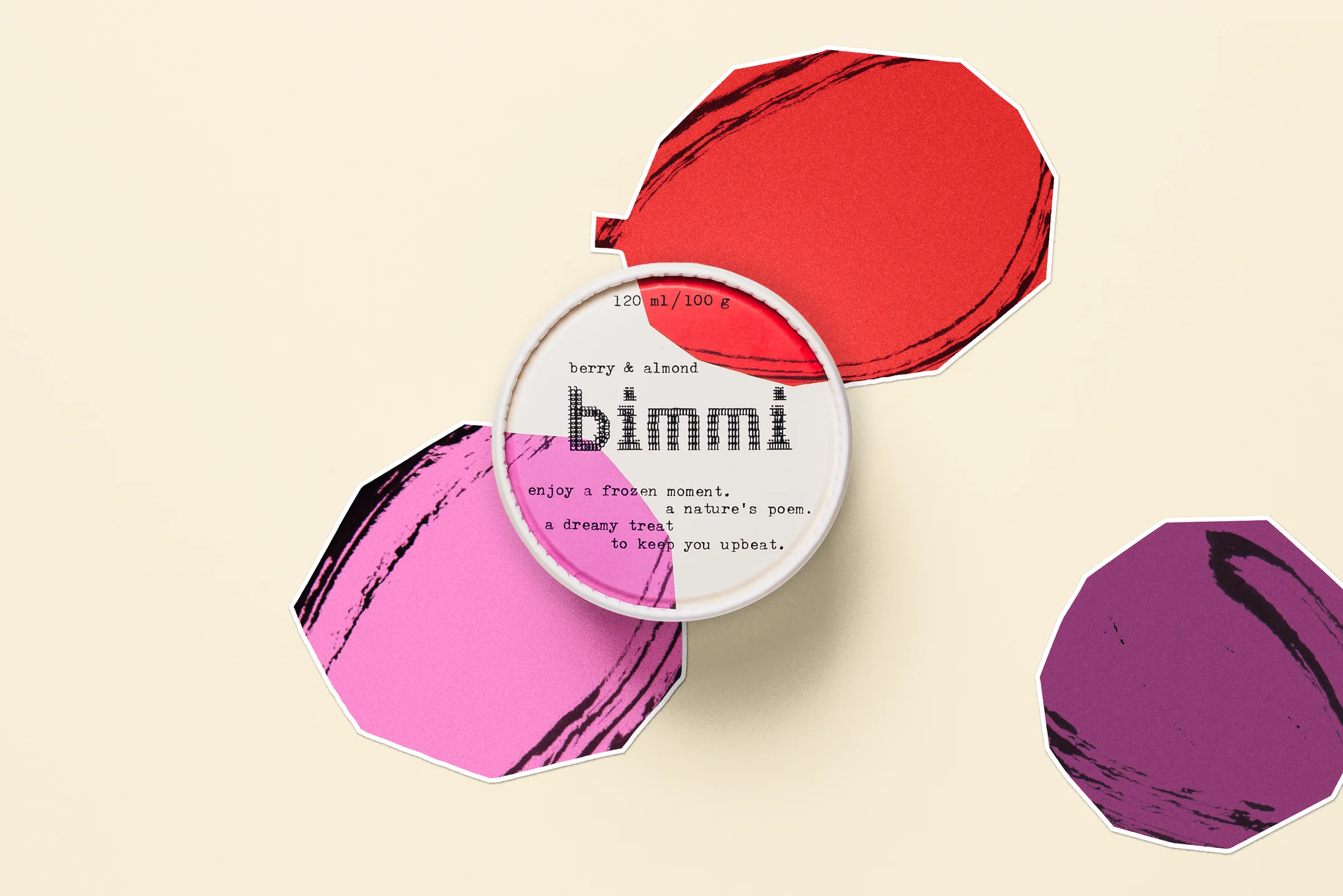 Logotype, packaging and concrete poetry collage designed by Swedish design studio Bedow for frozen smoothie brand Bimmi. 