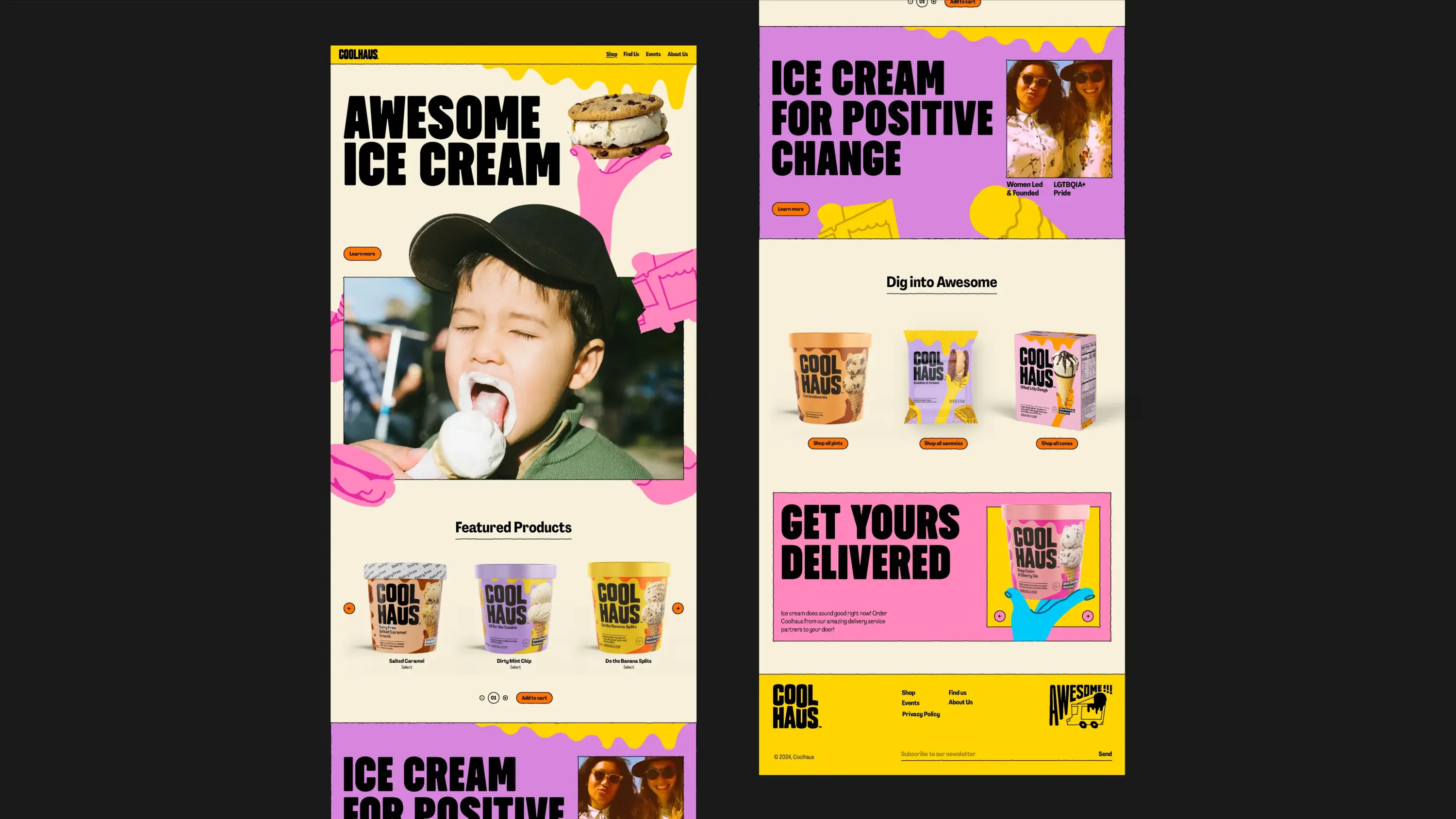 Logotype, illustration, packaging, motion graphics and digital design by &Walsh for dairy free ice cream brand Coolhaus