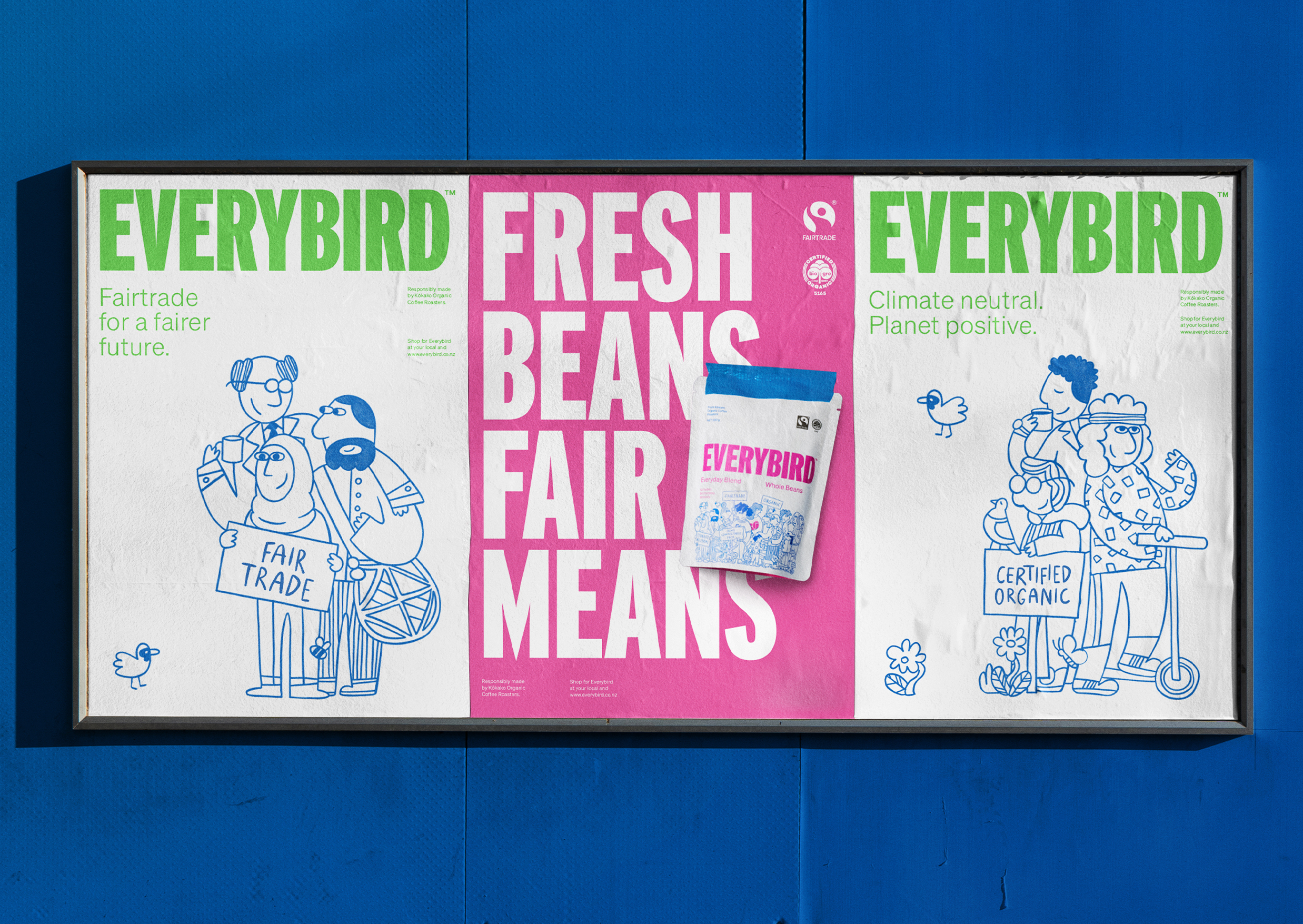 Outdoor print campaign and posters by Marx Design for ethical New Zealand coffee brand Everybird