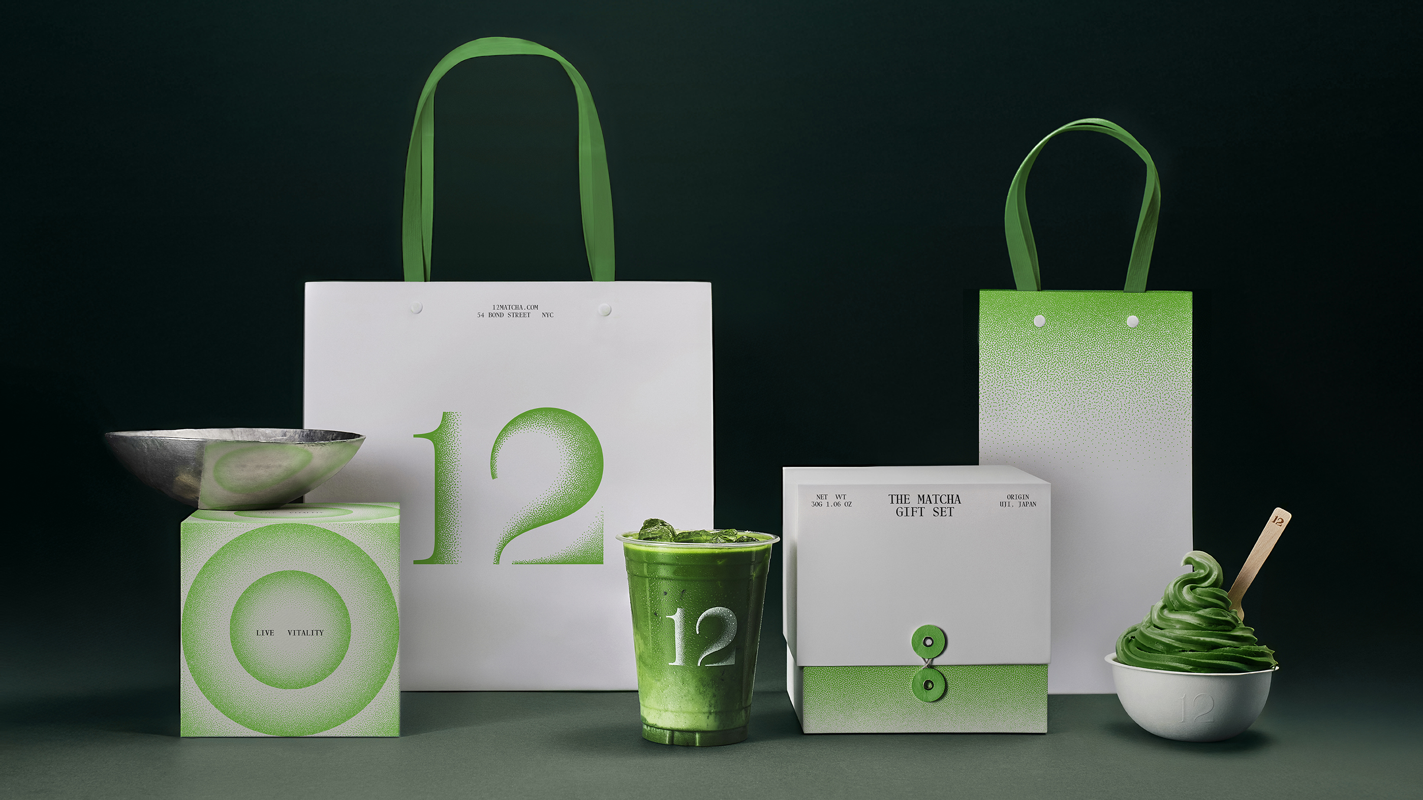 Motion logo, packaging, interior, menus, packaging and art direction for Brooklyn based matcha tea shop 12 designed by Base