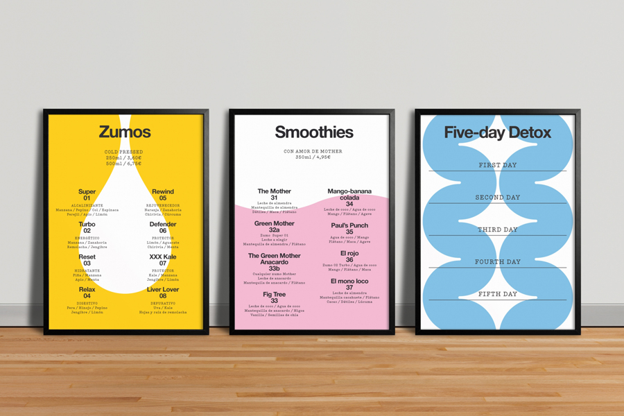 Posters for cold pressed juice company Mother designed by Mucho