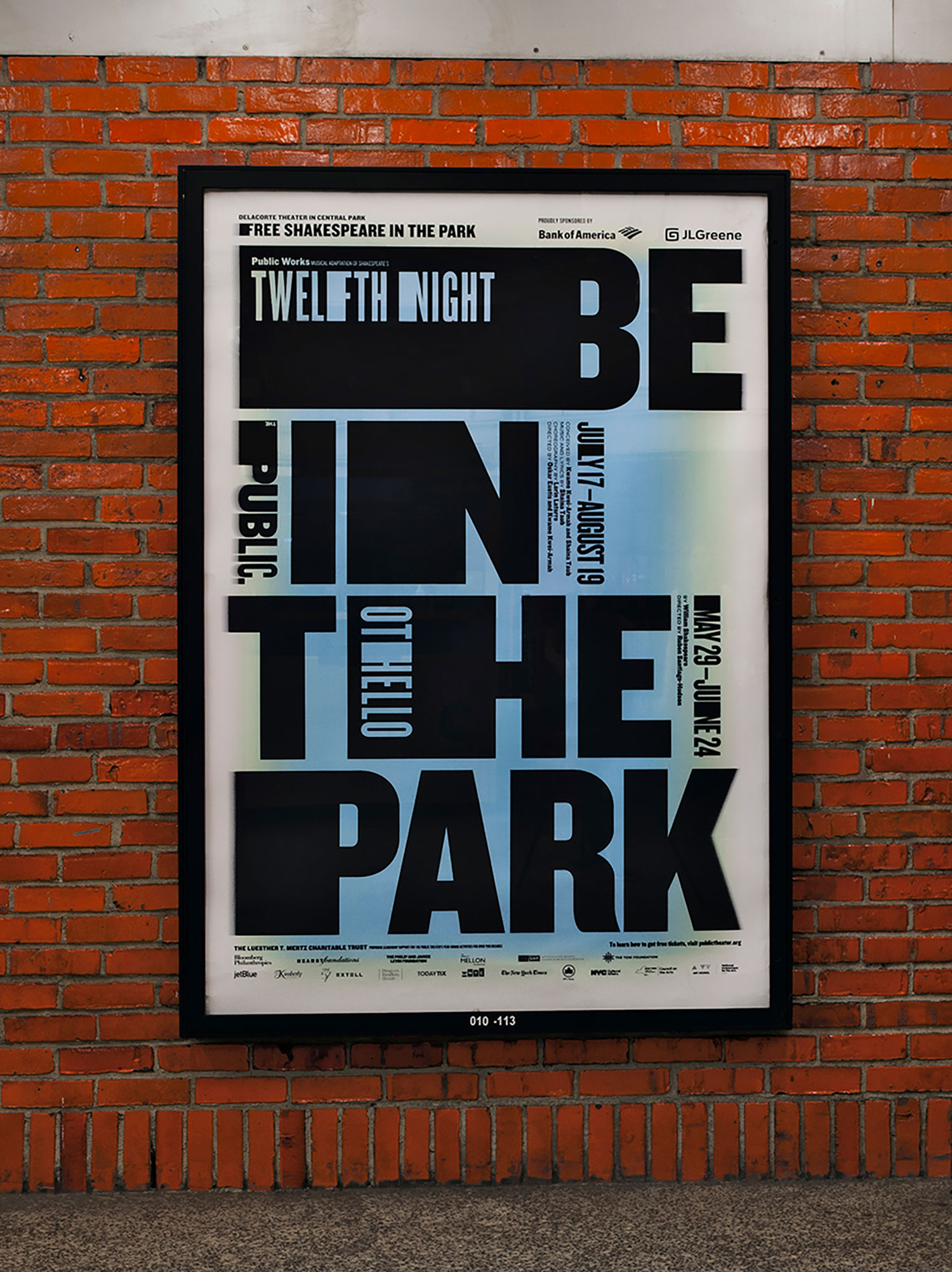 Posters, signage, website, t-shirts, tote bags and newspaper advertising by Pentagram's Paula Scher for The Public Theatre's Shakespeare in the Park 2018