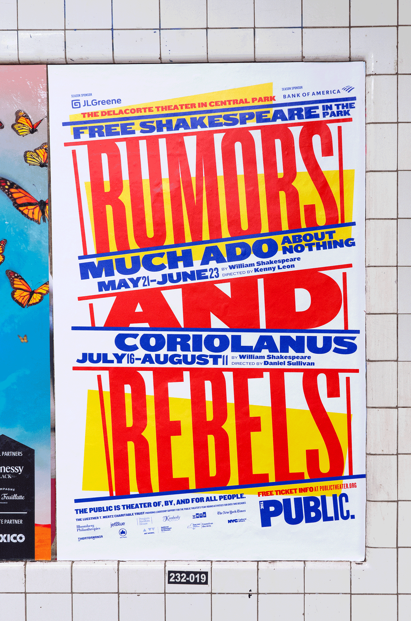 Posters, flyers, signage, t-shirts and newspaper advertising by Pentagram's Paula Scher for The Public Theatre's Shakespeare in the Park 2018
