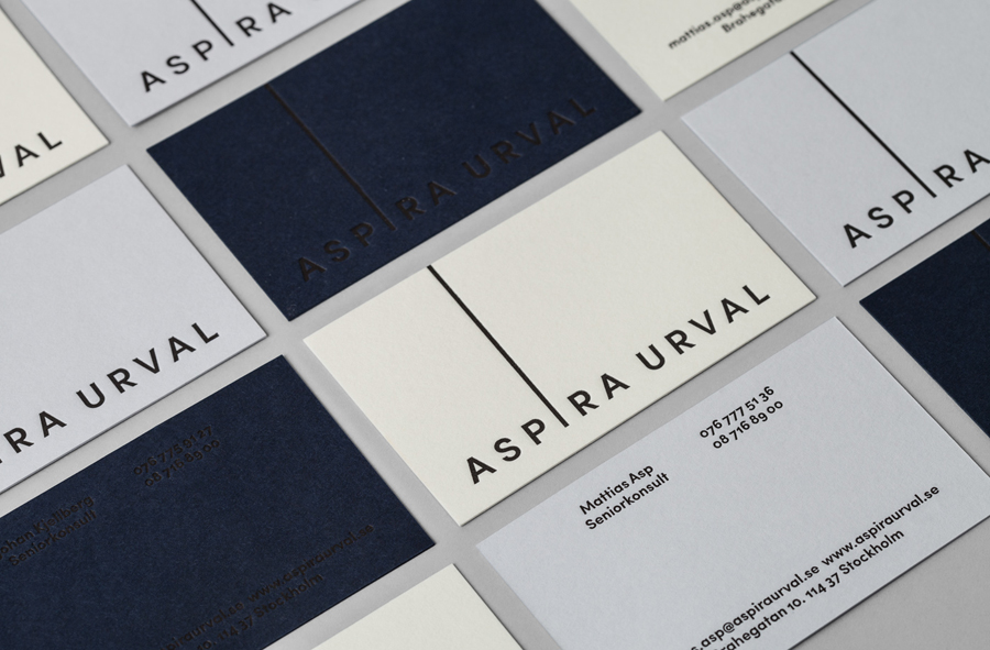 Dyed board and black foil business cards for Aspira Urval designed by BVD