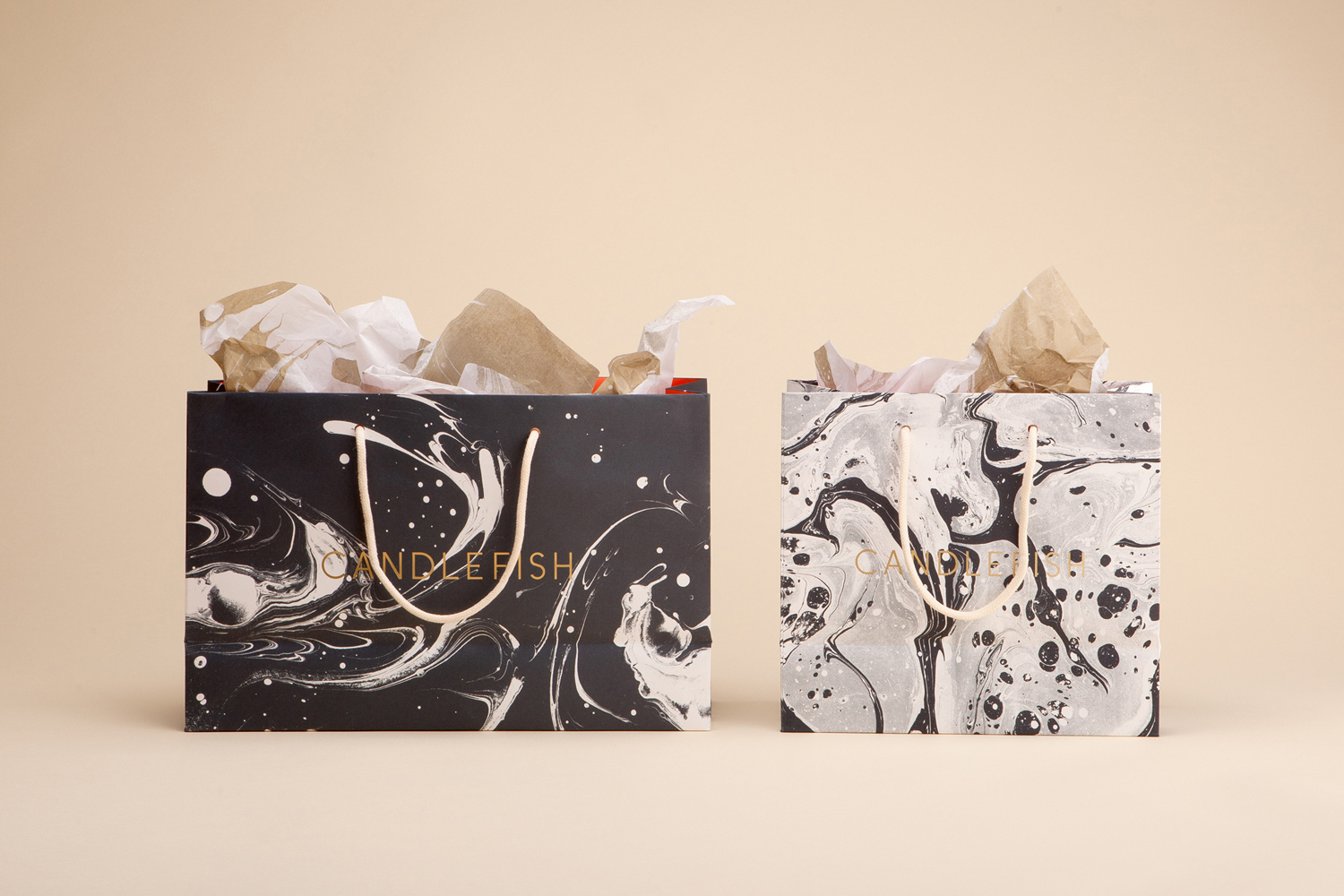 Marbled shopping bags for Charleston scented candle store and workshop Candlefish by Fuzzco