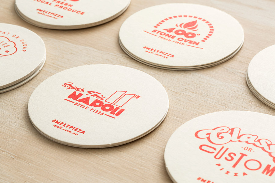 Beer mats and coasters for pizzeria Melt by Can I Play, Australia