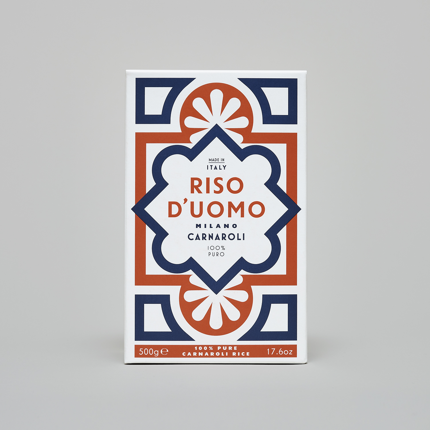 Branding and packaging by London-based Here Design for Milanese artisan rice brand Riso D'uomo