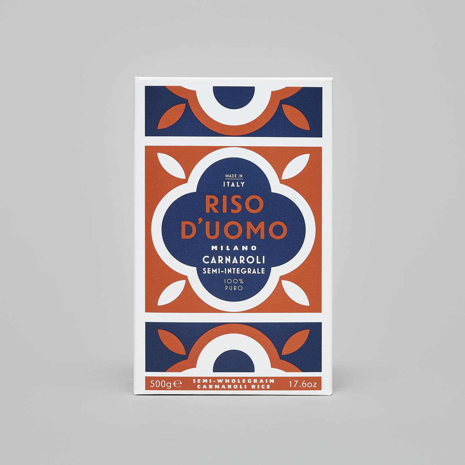 Branding and packaging by London-based Here Design for Milanese artisan rice brand Riso D'uomo