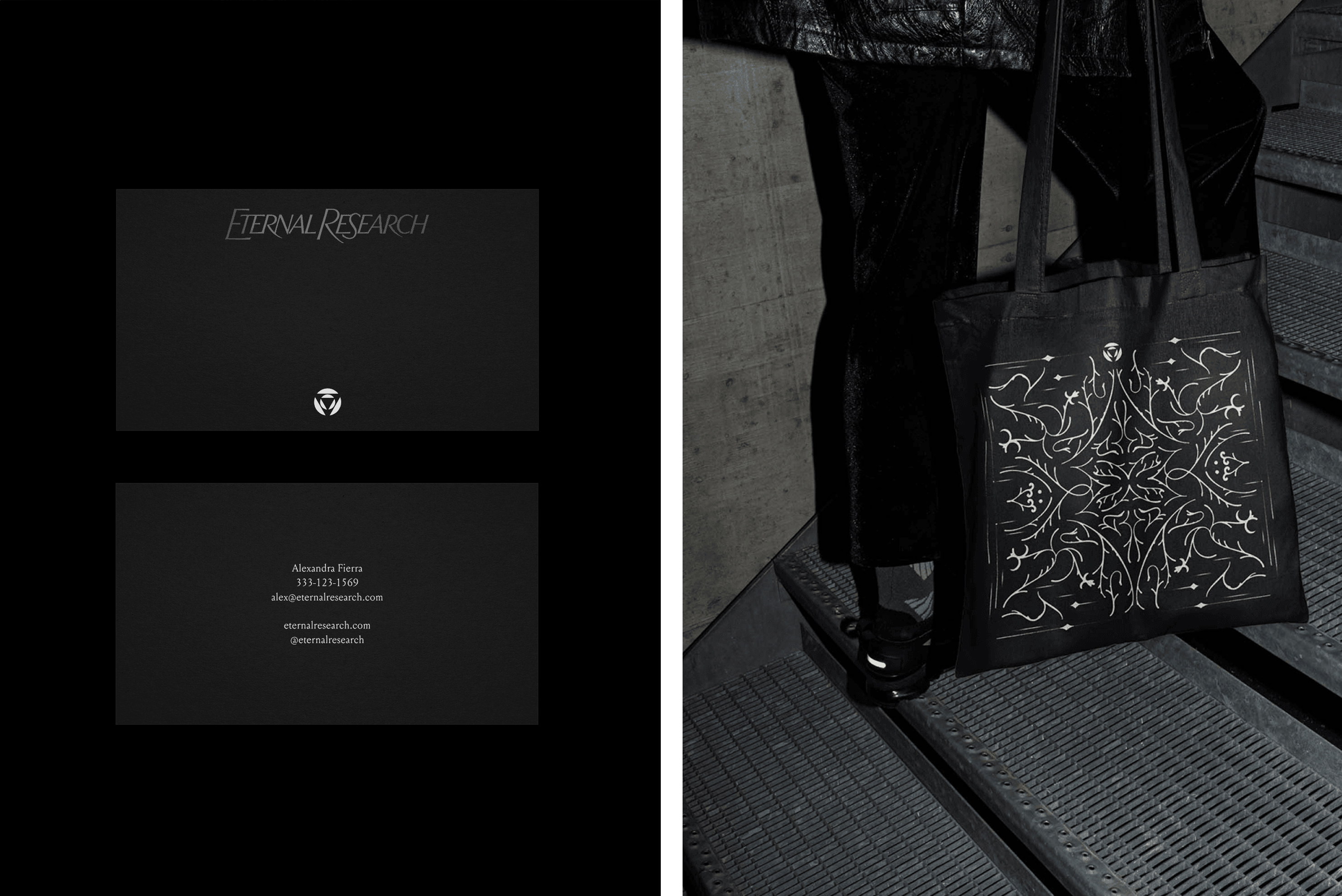 Eternal Research branding, logo, art direction, wordmark, print, stationery design by Cotton