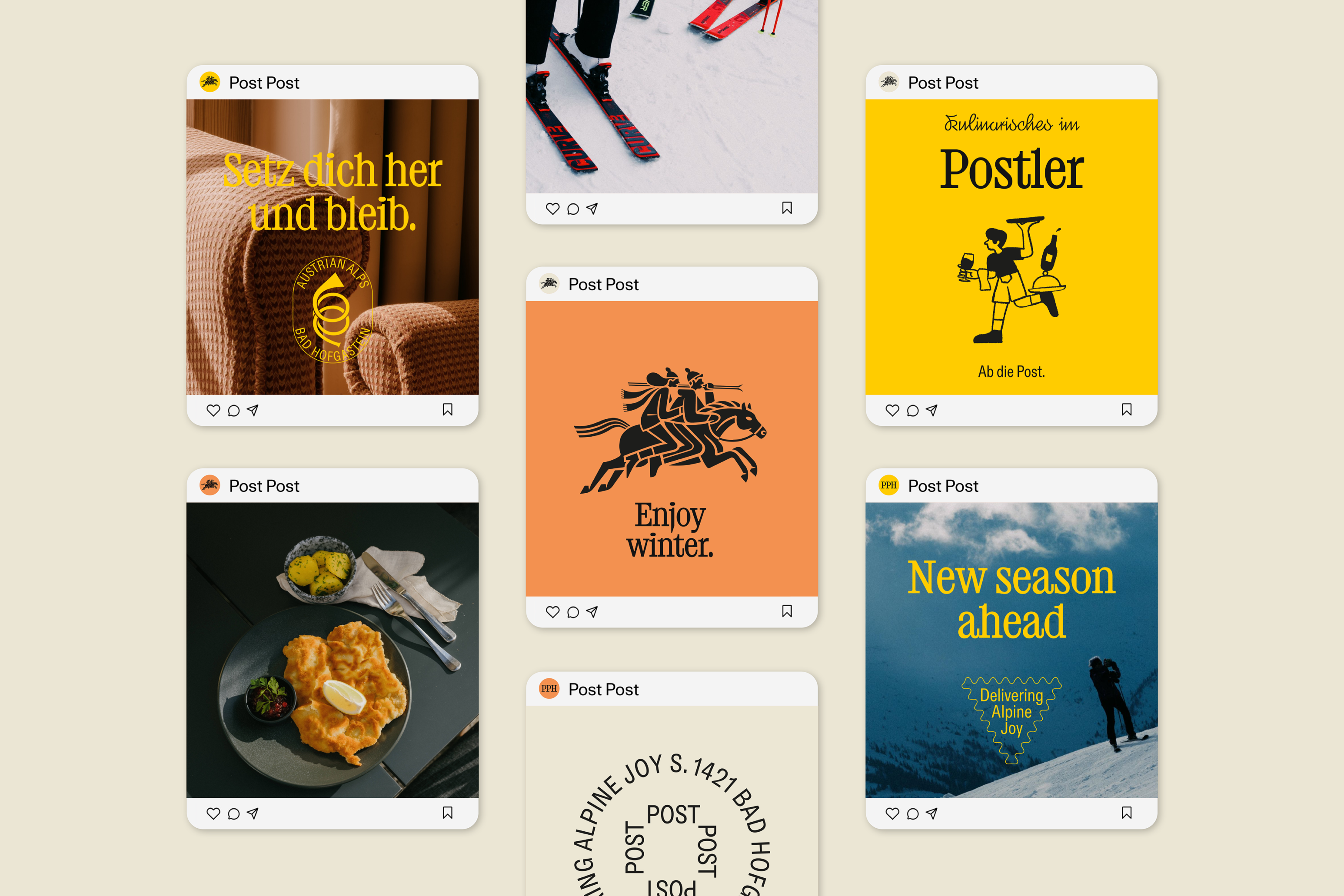 Branding, typography and print design by Studio Bruch for Post Post Hotel in the Austrian Alps